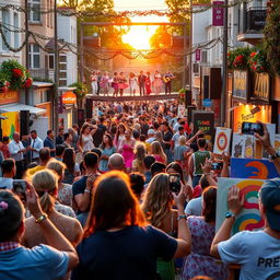 A lively entertainment scene with vibrant colors showcasing a bustling street festival filled with diverse performers, including musicians playing various instruments, dancers in colorful costumes, and artists painting live on canvas