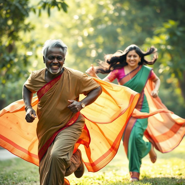 A dynamic scene of an older black African man joyfully running after an Indian woman in a flowing saree