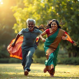 A dynamic scene of an older black African man joyfully running after an Indian woman in a flowing saree