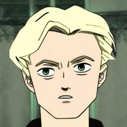 An animated Draco Malfoy face with his iconic middle-parted blonde hair, showcasing his sharp features.