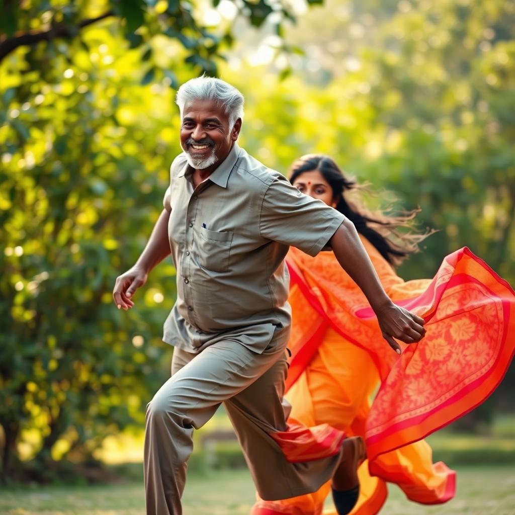 A dynamic scene of an older black African man joyfully running after an Indian woman in a flowing saree