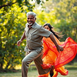 A dynamic scene of an older black African man joyfully running after an Indian woman in a flowing saree