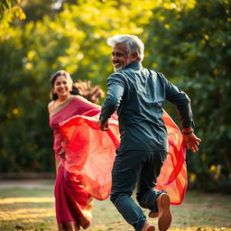 A dynamic scene of an older black African man joyfully running after an Indian woman in a flowing saree