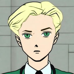 An animated Draco Malfoy face with his iconic middle-parted blonde hair, showcasing his sharp features.