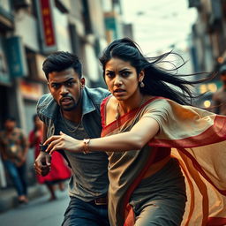 An intense scene of an angry young black man, portraying a tough demeanor, energetically running after an Indian woman dressed in a flowing saree