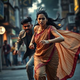 An intense scene of an angry young black man, portraying a tough demeanor, energetically running after an Indian woman dressed in a flowing saree