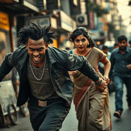 An intense scene of an angry young black man, portraying a tough demeanor, energetically running after an Indian woman dressed in a flowing saree