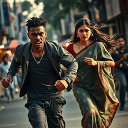 An intense scene of an angry young black man, portraying a tough demeanor, energetically running after an Indian woman dressed in a flowing saree