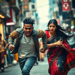 A dramatic scene depicting an angry young black man with a tough demeanor, dressed in edgy streetwear, energetically running behind an Indian woman in a vibrant saree