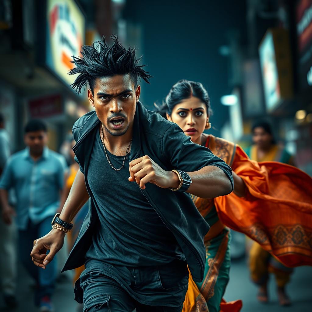 A dramatic scene depicting an angry young black man with a tough demeanor, dressed in edgy streetwear, energetically running behind an Indian woman in a vibrant saree