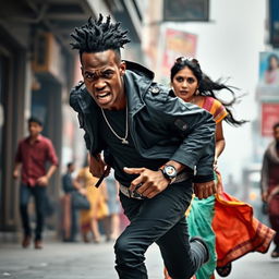 A dramatic scene depicting an angry young black man with a tough demeanor, dressed in edgy streetwear, energetically running behind an Indian woman in a vibrant saree