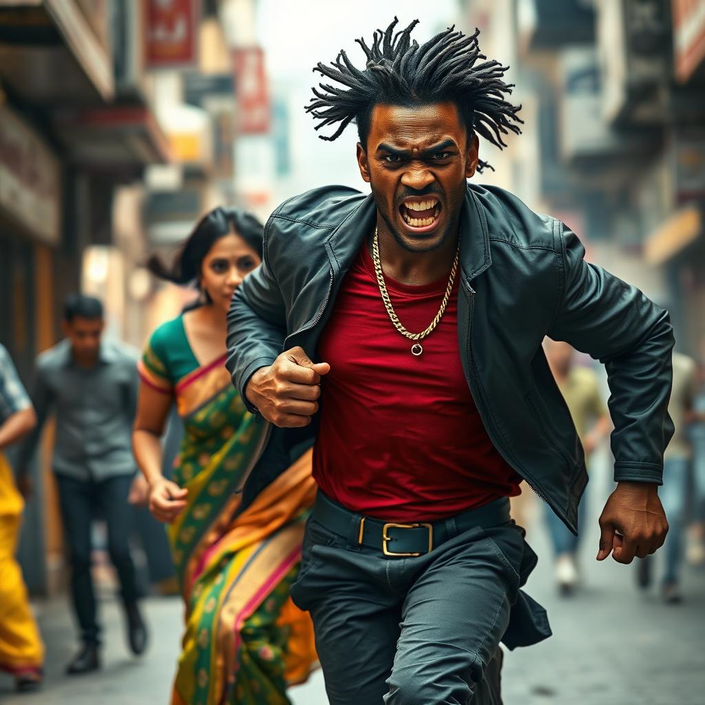 A dramatic scene depicting an angry young black man with a tough demeanor, dressed in edgy streetwear, energetically running behind an Indian woman in a vibrant saree