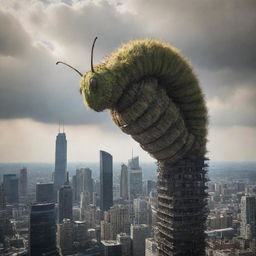 A giant caterpillar perched atop a skyscraper in a cityscape, radiating an aura of impending destruction. Its alienesque patterns contrast dramatically with the architecture, and debris is seen trailing down.