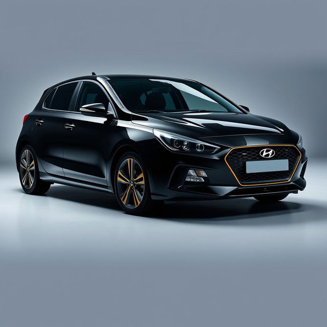 A black Hyundai i30 with subtle dull black and gold stripes, positioned to showcase its sleek lines and modern design