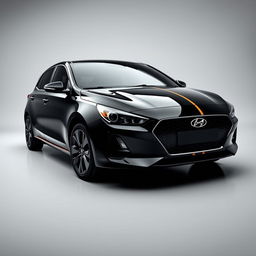 A black Hyundai i30 with subtle dull black and gold stripes, positioned to showcase its sleek lines and modern design