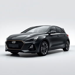 A black Hyundai i30 with subtle dull black and gold stripes, positioned to showcase its sleek lines and modern design