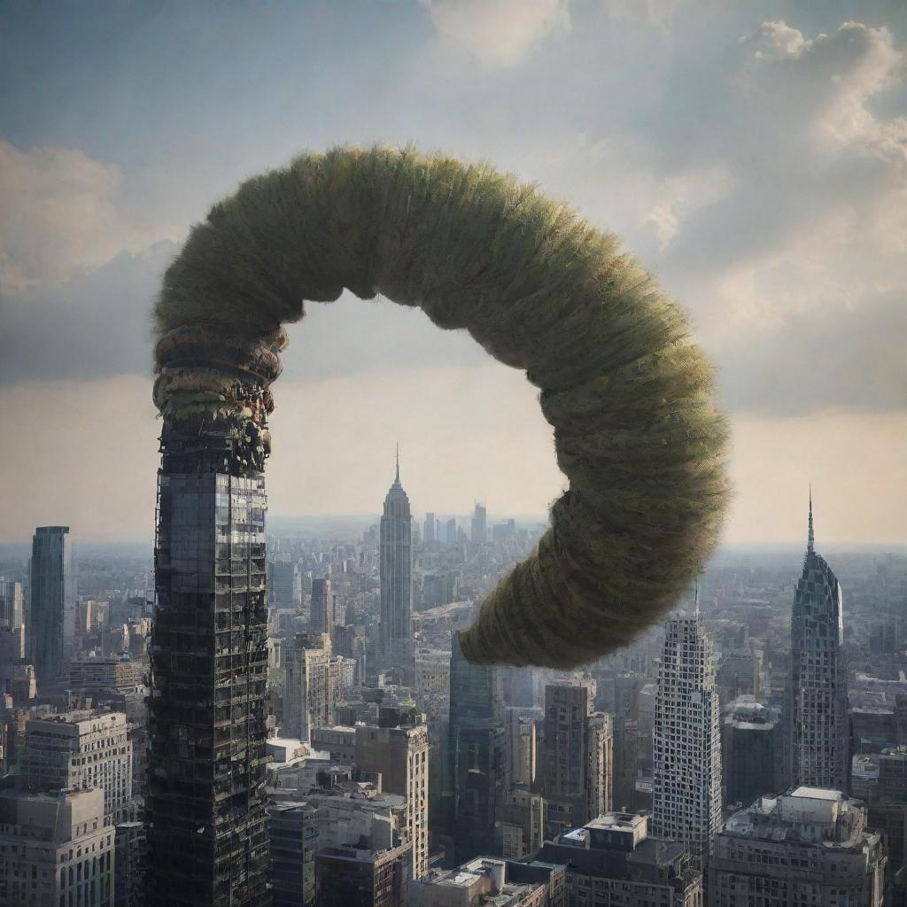 A giant caterpillar perched atop a skyscraper in a cityscape, radiating an aura of impending destruction. Its alienesque patterns contrast dramatically with the architecture, and debris is seen trailing down.