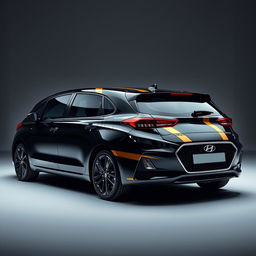 A black Hyundai i30 adorned with dull black and gold stripes over its body, positioned to showcase its sleek form and modern design