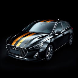 A black Hyundai i30 adorned with dull black and gold stripes over its body, positioned to showcase its sleek form and modern design