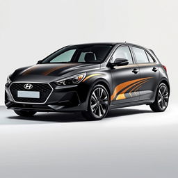 A black Hyundai i30 adorned with dull black and gold stripes over its body, positioned to showcase its sleek form and modern design