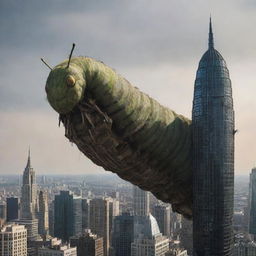 A giant caterpillar perched atop a skyscraper in a cityscape, radiating an aura of impending destruction. Its alienesque patterns contrast dramatically with the architecture, and debris is seen trailing down.