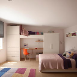 A simple but aesthetic bedroom designed for three teenagers, featuring shared and individual spaces, with trendy and colorful furniture.