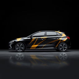 A sleek black Hyundai i30 featuring dull black and gold stripes over the car in multiple directions, showcased in a modern automotive photography style