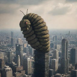 A giant caterpillar perched atop a skyscraper in a cityscape, radiating an aura of impending destruction. Its alienesque patterns contrast dramatically with the architecture, and debris is seen trailing down.