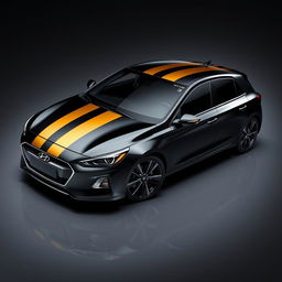 A sleek black Hyundai i30 featuring dull black and gold stripes over the car in multiple directions, showcased in a modern automotive photography style