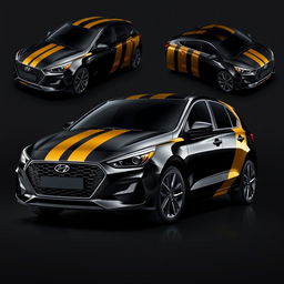 A sleek black Hyundai i30 featuring dull black and gold stripes over the car in multiple directions, showcased in a modern automotive photography style