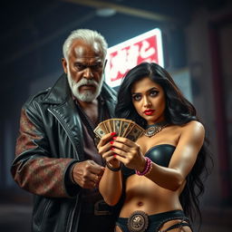 A dramatic scene featuring an angry old black man with a tough demeanor, dressed in flashy street attire that signifies his authority and experience