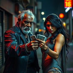 A gritty street scene featuring an angry old black man with a tough demeanor, dressed in flashy urban fashion signifying his assertive presence