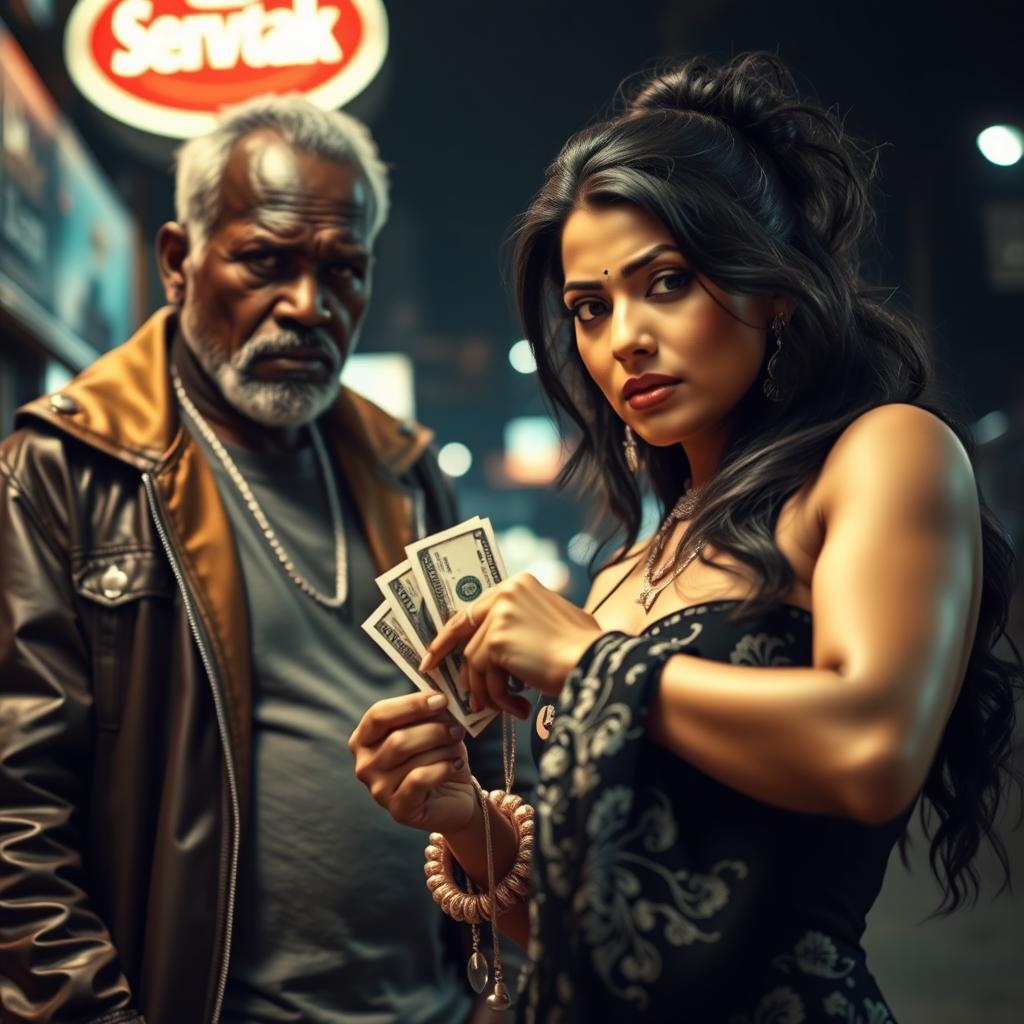 A gritty street scene featuring an angry old black man with a tough demeanor, dressed in flashy urban fashion signifying his assertive presence