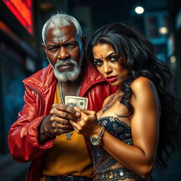 A gritty street scene featuring an angry old black man with a tough demeanor, dressed in flashy urban fashion signifying his assertive presence