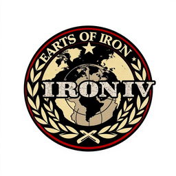 A logo inspired by the video game Hearts of Iron IV (HoI4), featuring elements such as a stylized world map with prominent national borders, military insignia, and iconic symbols representing various factions like Axis and Allies