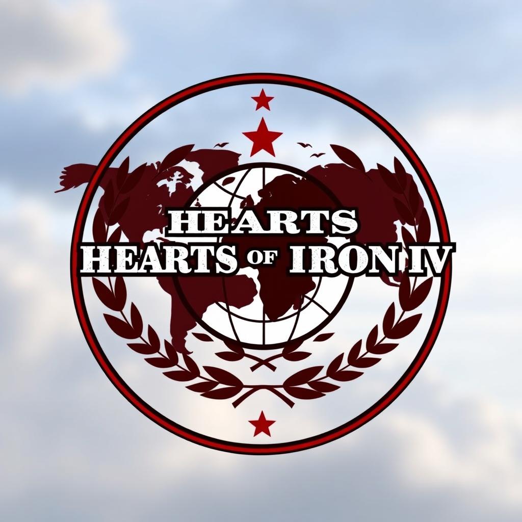 A logo inspired by the video game Hearts of Iron IV (HoI4), featuring elements such as a stylized world map with prominent national borders, military insignia, and iconic symbols representing various factions like Axis and Allies