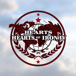 A logo inspired by the video game Hearts of Iron IV (HoI4), featuring elements such as a stylized world map with prominent national borders, military insignia, and iconic symbols representing various factions like Axis and Allies
