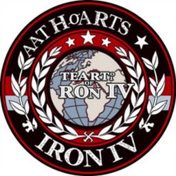 A logo inspired by the video game Hearts of Iron IV (HoI4), featuring elements such as a stylized world map with prominent national borders, military insignia, and iconic symbols representing various factions like Axis and Allies