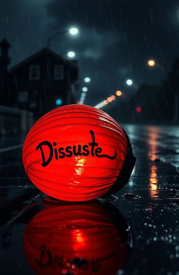 A vibrant red lantern shattered on the ground, reflecting the wet pavement underneath, illuminated by faint streetlights in a dimly lit, rain-soaked environment