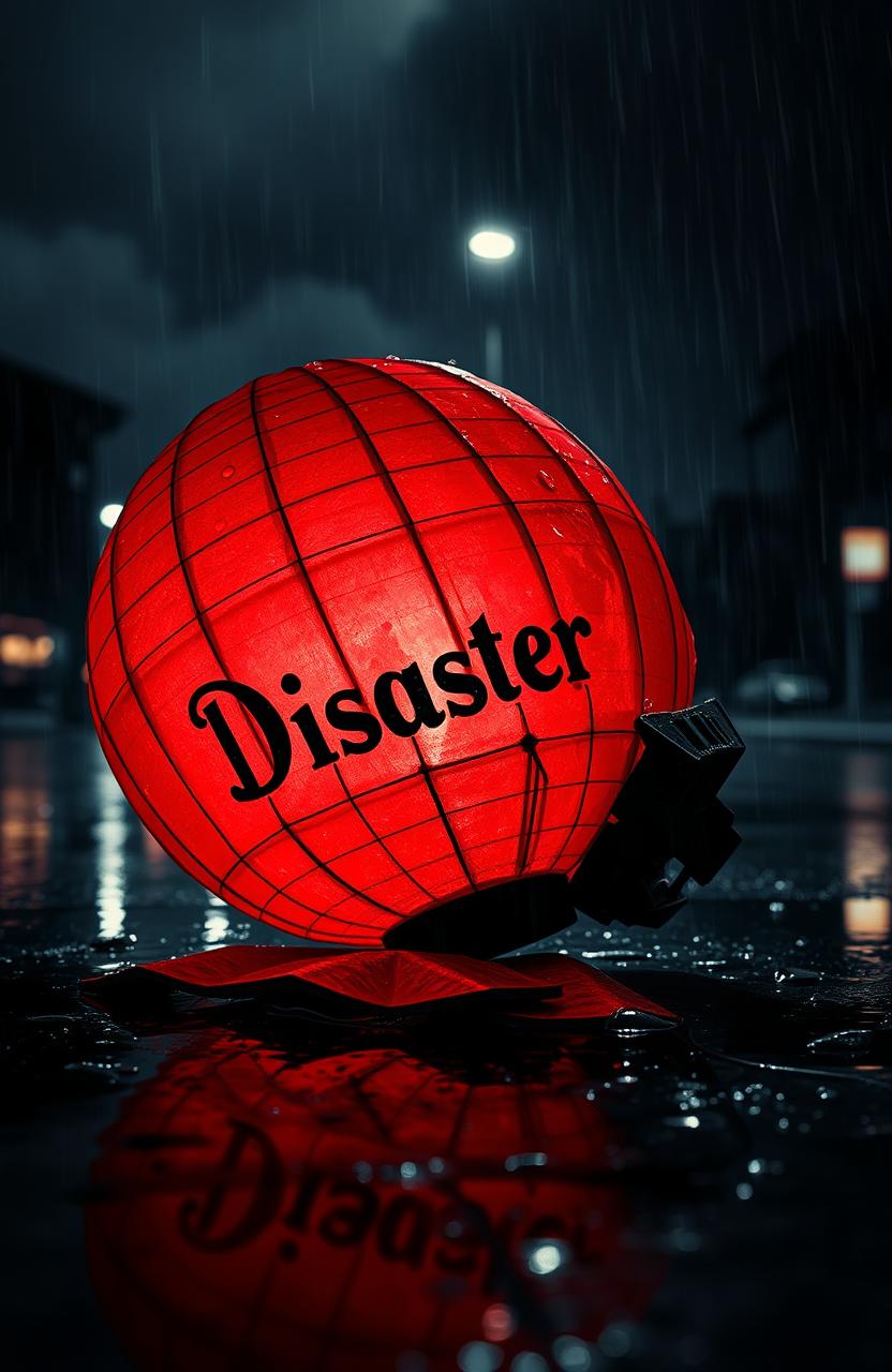 A vibrant red lantern shattered on the ground, reflecting the wet pavement underneath, illuminated by faint streetlights in a dimly lit, rain-soaked environment