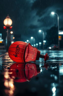 A vibrant red lantern shattered on the ground, reflecting the wet pavement underneath, illuminated by faint streetlights in a dimly lit, rain-soaked environment