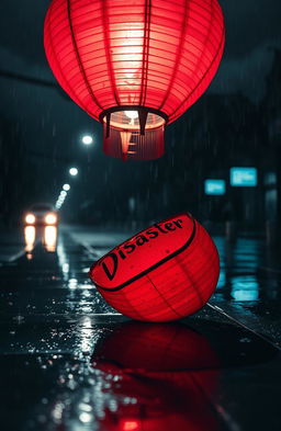 A vibrant red lantern shattered on the ground, reflecting the wet pavement underneath, illuminated by faint streetlights in a dimly lit, rain-soaked environment