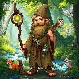 A full-body illustration of a male gnome druid character from Dungeons and Dragons