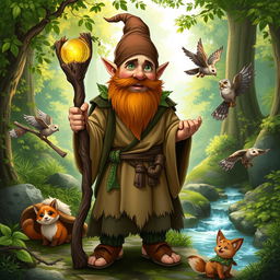 A full-body illustration of a male gnome druid character from Dungeons and Dragons