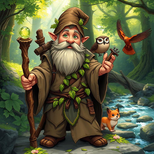 A full-body illustration of a male gnome druid character from Dungeons and Dragons