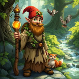 A full-body illustration of a male gnome druid character from Dungeons and Dragons