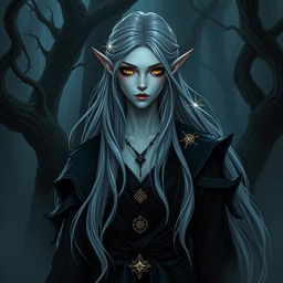 A high elf, tall and graceful, with pointed ears and ethereal beauty, is depicted in a dark fantasy setting