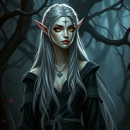 A high elf, tall and graceful, with pointed ears and ethereal beauty, is depicted in a dark fantasy setting