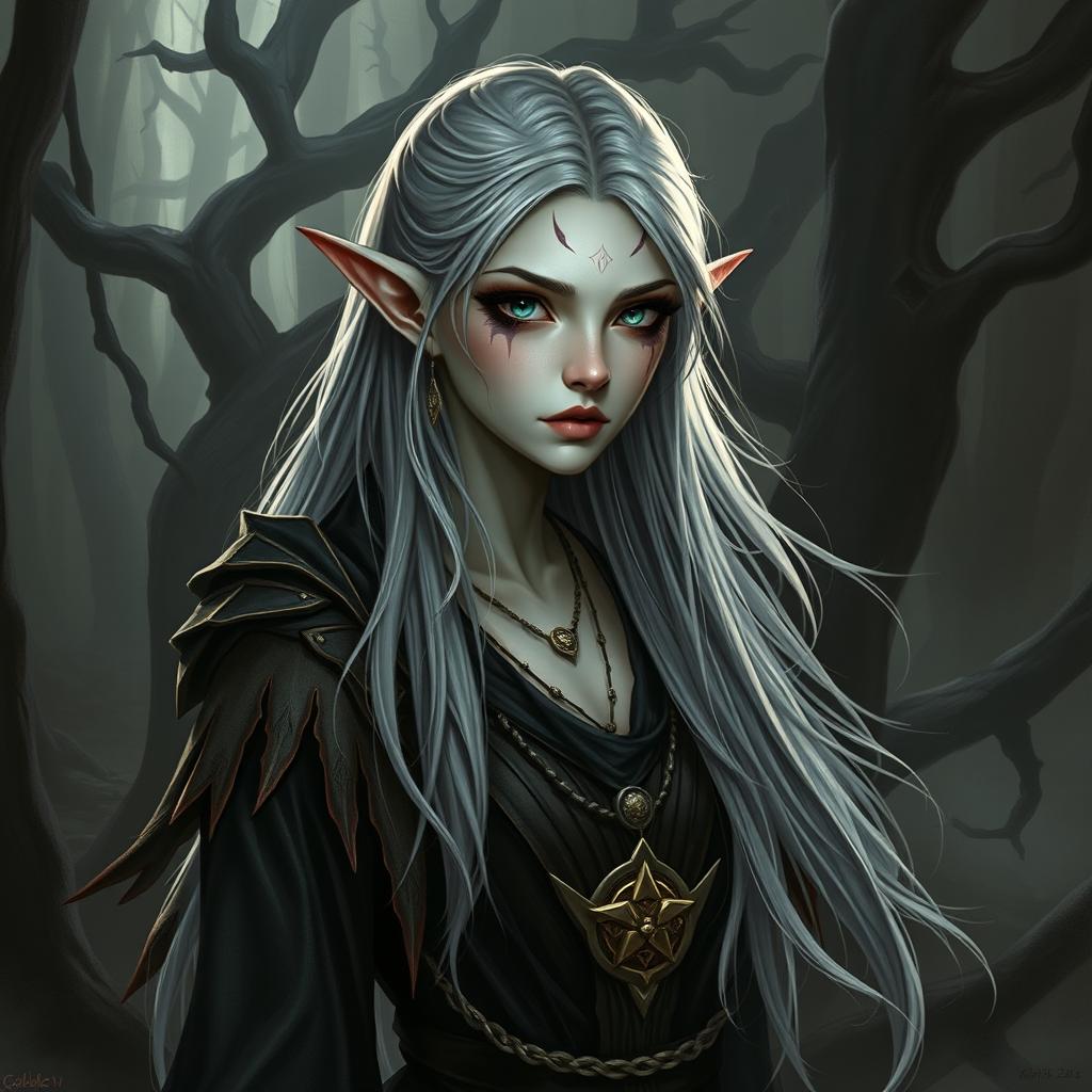 A high elf, tall and graceful, with pointed ears and ethereal beauty, is depicted in a dark fantasy setting