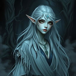 A high elf, tall and graceful, with pointed ears and ethereal beauty, is depicted in a dark fantasy setting